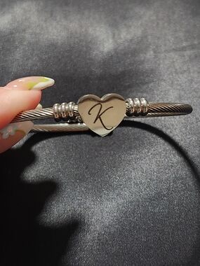 Initial K Heart Cable Wire Bangle Bracelet Silver Tone Twisted Wire Cuff​